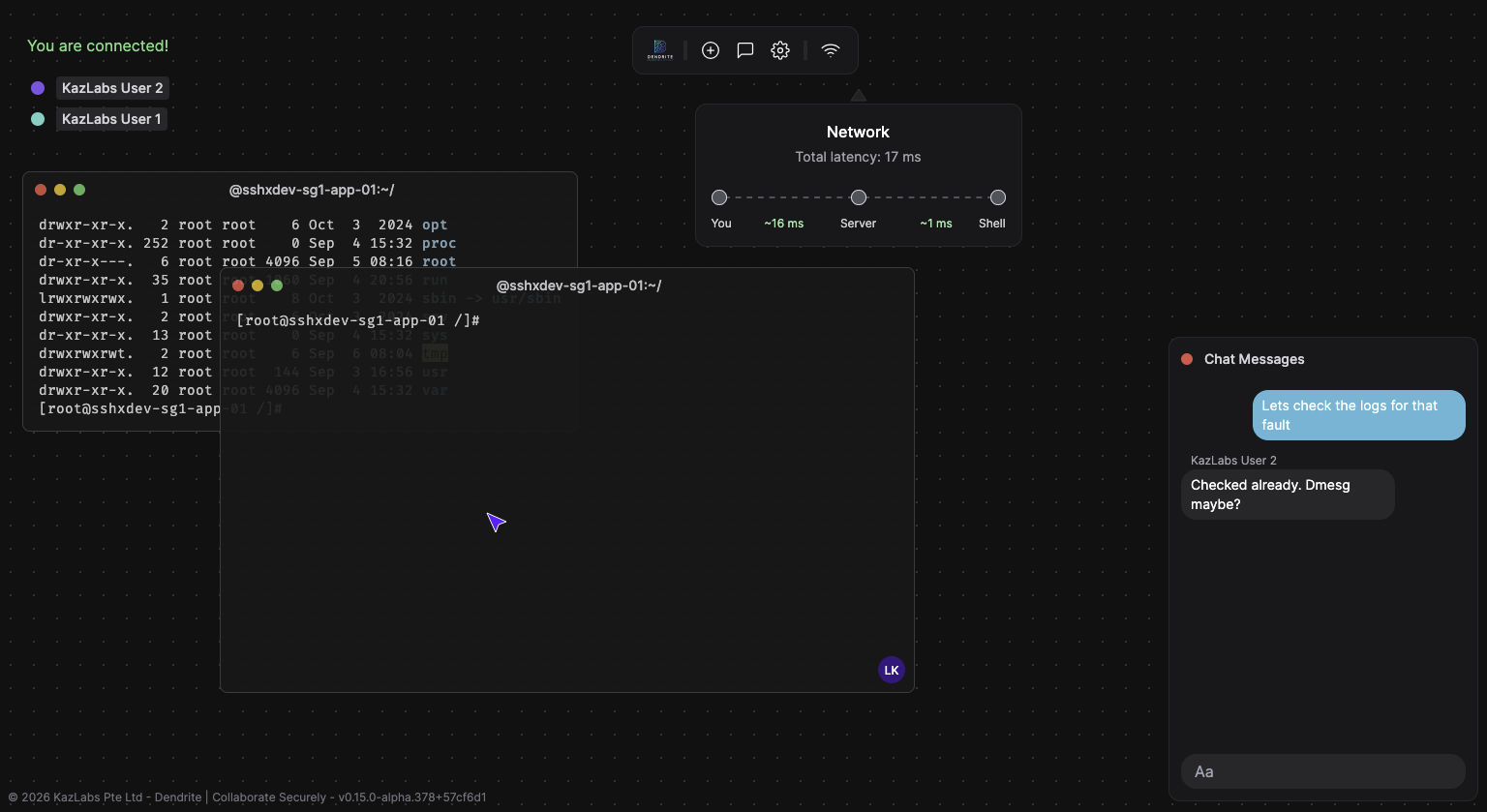 Two engineers collaborating in a shared Dendrite terminal session with integrated chat