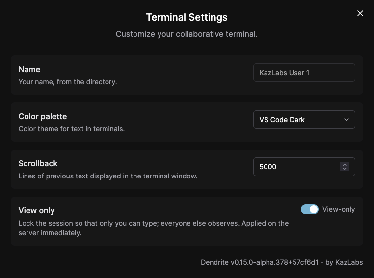 Dendrite terminal settings: display name, color palette, scrollback, and view-only toggle